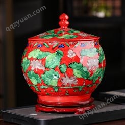 景德镇陶瓷罐子 手工雕刻荷花储物罐茶叶罐 家用中号20斤装米罐