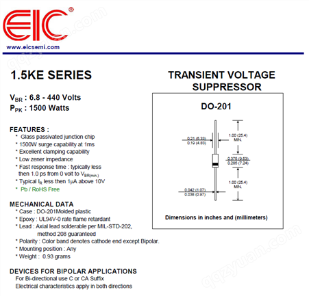 美国EIC二极管1.5KE10CA 1500W-BI DO-201 1.5KE系列