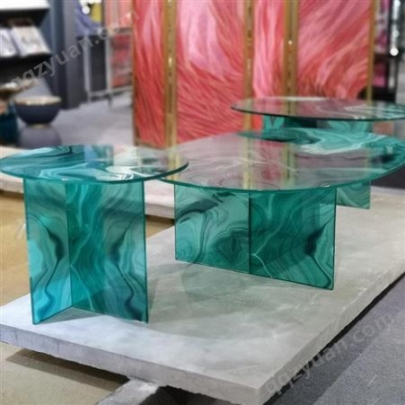 玻璃桌 玻璃茶几 玻璃台面 格美特 网红简约轻奢家具装饰玻璃 工艺钢化玻璃 翡翠绿水纹可定制